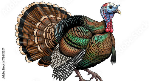 Illustration of a wild turkey with colorful feathers and detailed features.