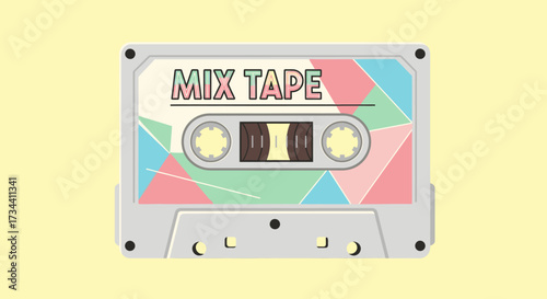 A retro cassette tape labeled "MIX TAPE" with a colorful geometric pattern on a pale yellow background.