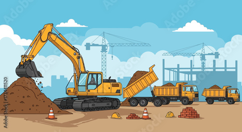 Construction site with excavators, dump trucks, and cranes, illustrating heavy machinery in action.