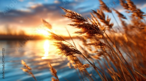 Rustling golden reeds capture the warm glow of a sunset by the water, creating a peaceful and serene natural scene perfect for relaxation and tranquility.