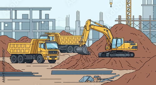 Construction site scene with dump trucks, an excavator, and unfinished buildings.