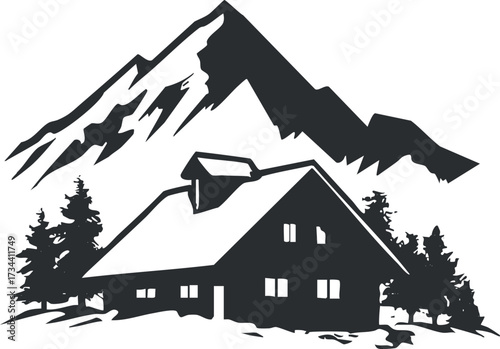 A silhouette of a cozy cabin nestled in the mountains surrounded by trees and nature..