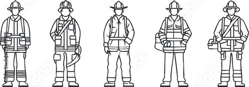 Line art illustration of firefighters in various uniforms showcasing their roles and equipment..