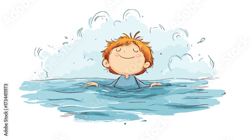 Cheerful Boy Floating on Water in Cartoon Style Vector Illustration