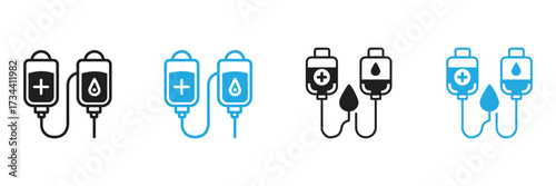 Medical IV drip bags in black and blue colors, symbolizing treatment and blood transfusion for healthcare or hospital infusion, representing medicine and patient care.