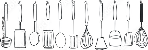 A collection of hand-drawn kitchen utensils including spatula, ladle, and whisk in line art style..