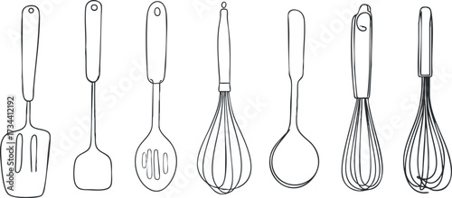 A collection of various kitchen utensils including a spatula whisk and scoop in line art style..