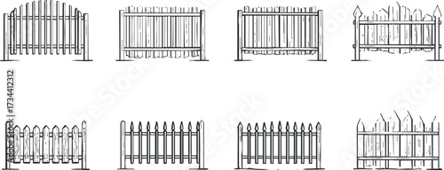 A collection of various fence designs illustrated in a simple and rustic style..
