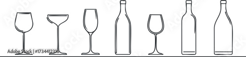 Line art illustration of various types of glasses and bottles for beverages..