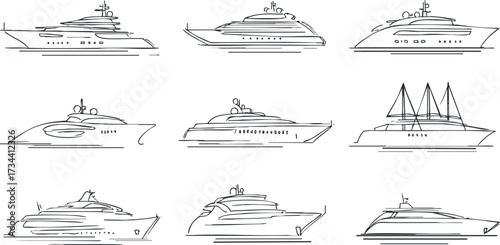 A collection of hand-drawn yacht designs showcasing various styles and sizes of boats..