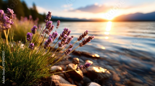 Beautiful lavender flowers framed by a serene lake and a stunning sunset, creating a tranquil and picturesque scene that captures the essence of nature's beauty and peace.