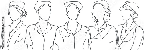 A minimalist line art illustration of a group of stylish women in elegant outfits..
