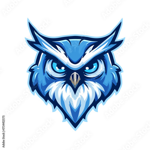 Stylized cartoon owl head in blue and white with piercing eyes and a pointed beak