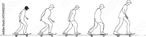 Illustration of a skater performing tricks on a skateboard in a dynamic motion sequence..