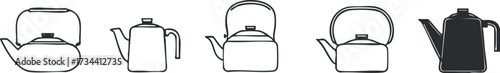 Collection of simple kettle and teapot outlines in black and white showcasing different styles..