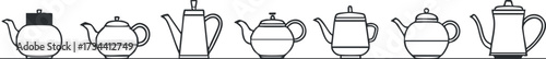 A collection of various teapot designs in minimalist black and white style..