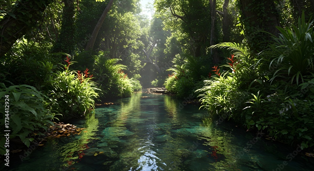 Fototapeta premium Crystal-clear stream flowing through lush tropical forest with sunlight filtering through trees