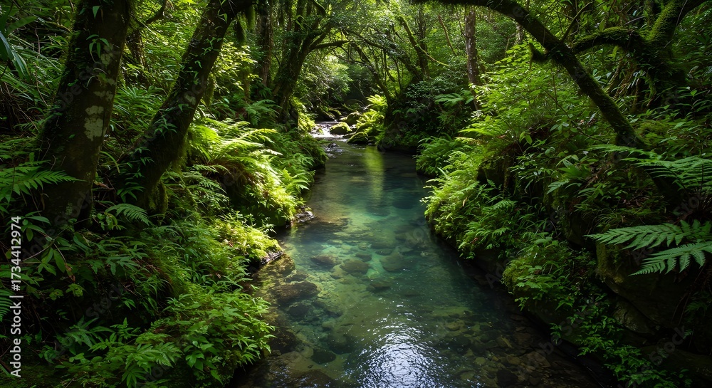 Fototapeta premium Crystal-clear stream flowing through lush tropical forest with sunlight filtering through trees