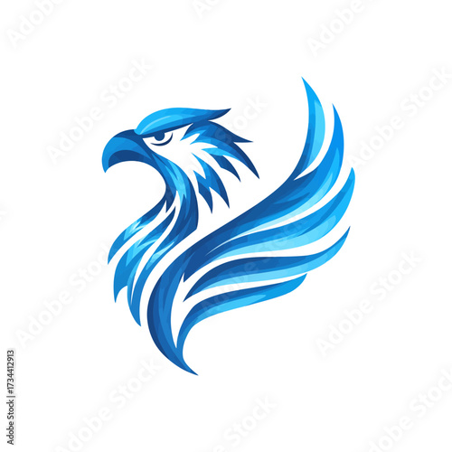 Blue, stylized eagle head and partial wing on a white background