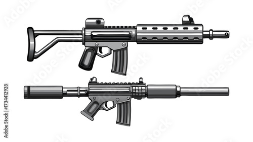 Black automatic assault rifle isolated on a white background, a military weapon illustration