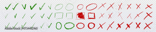 Green and red vote check doodle marks with circles, squares for correct or incorrect answers - crayon texture symbols on transparent background. Educational materials for tests and to do lists.
