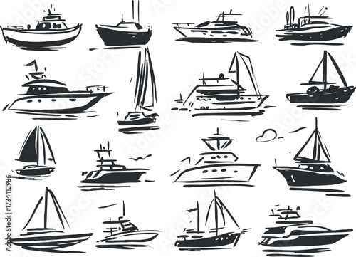 A collection of hand-drawn illustrations of various boats and yachts in a playful style..