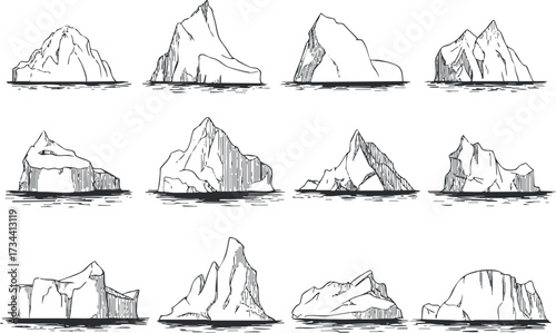 A collection of hand-drawn icebergs in various shapes and sizes floating in the ocean..
