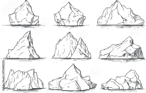 A collection of artistic sketches depicting various shapes and sizes of icebergs in water..