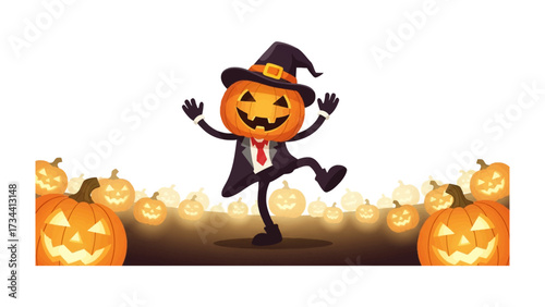 Joyful Jack-o'-lantern: A whimsically illustrated, animated Jack-o'-lantern, radiating glee and festivity, dances spiritedly at the heart of a vibrant Halloween celebration.