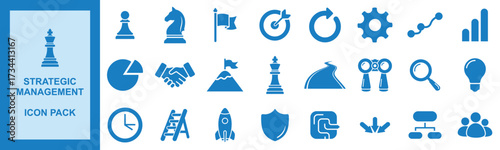Strategic management icon pack with chess pieces, charts, and business symbols