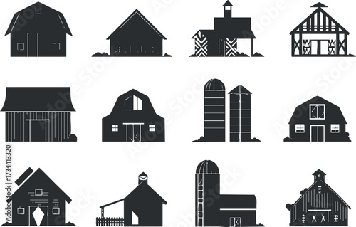 Collection of various barn silhouettes showcasing traditional and modern agricultural architecture..