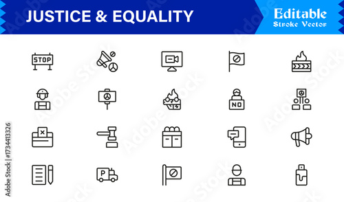 Justice And Equality Professional Line Icon Collection – Modern, Minimal, Pixel-Perfect Legal Symbols With Editable Outline Style for Premium Use