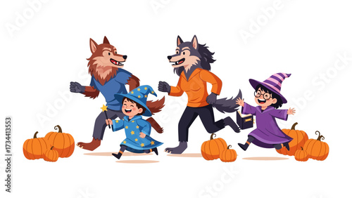 Halloween Fun: A playful illustration of a group of friends, half-werewolf and half-witch, running across a scene, with cheerful pumpkins.
