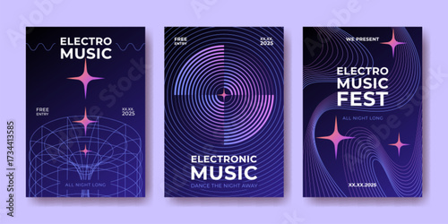 Vibrant electro music posters with waves, sound ripples - layouts for nightlife events. Gradient starbursts with circular patterns, wireframe grids and flowing lines for electronic festival promotion