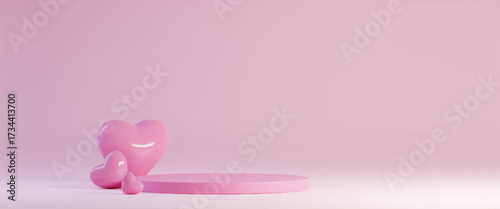Heart podium 3d composition with pink glossy shapes and circular platform for product display or Valentine presentations. Minimal romantic scene with gradient bg for cosmetic or love themed showcases.