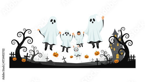 Halloween Ghosts Gathering: A spooky and whimsical scene featuring a family of ghosts, dressed in their traditional white sheets.