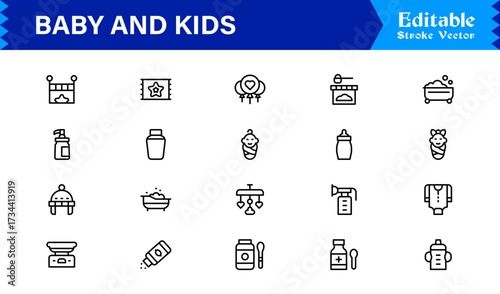 Baby And Kids Parenting Line Icon Set Modern, Minimal, Pixel Perfect, And Editable Outline Symbols For Family Themes