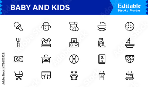 Baby And Kids Parenting Line Icon Set Modern, Minimal, Pixel Perfect, And Editable Outline Symbols For Family Themes