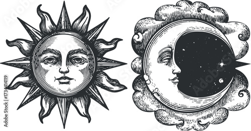 Vintage illustration of a sun and moon symbolizing celestial harmony and cosmic balance..