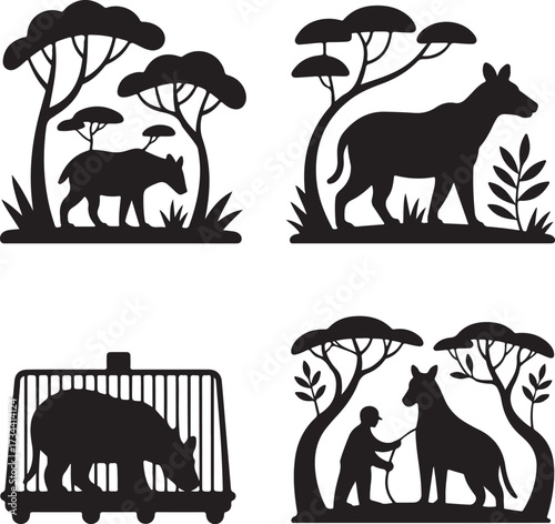 Silhouettes of animals in natural and captive environments contrasting wild and zoo life