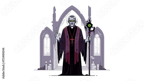 Gothic Cleric: A dark, stylized depiction of a cleric stands before a gothic architecture, embodying both religious authority and otherworldly mystery.