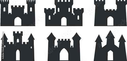 A collection of black silhouette castles showcasing various architectural styles and designs..