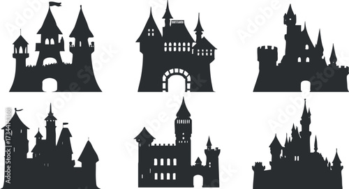 A collection of various castle silhouettes showcasing medieval architecture and fantasy themes..