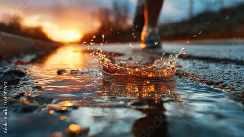 A mesmerizing splash of water in a puddle during sunset, capturing the fleeting beauty of nature in a shimmering display of colors and reflections.