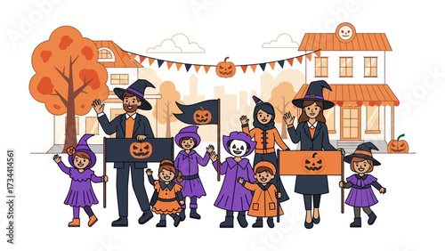 Spooky Town Parade: A whimsical Halloween illustration depicts a lively parade with adults and children dressed in festive costumes.