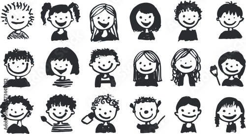 A playful illustration of diverse smiling children showcasing joy and friendship in various expressions..