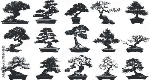 A collection of elegant bonsai tree silhouettes showcasing various styles and shapes for art and design..