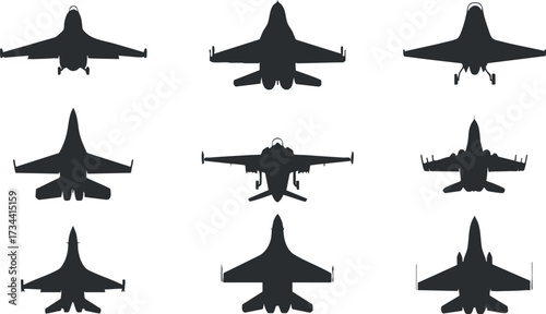 Collection of silhouette designs of various military fighter jets and aircraft viewed from above..