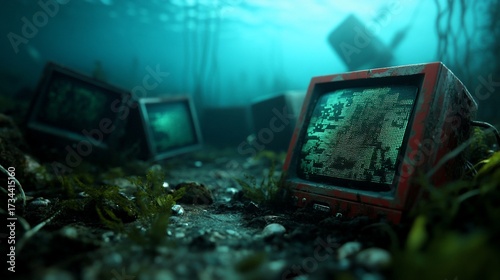 Sunken TVs in ocean, seaweed background, digital waste