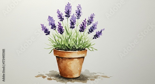 Watercolor illustration of lavender plant in a terracotta pot against a neutral background